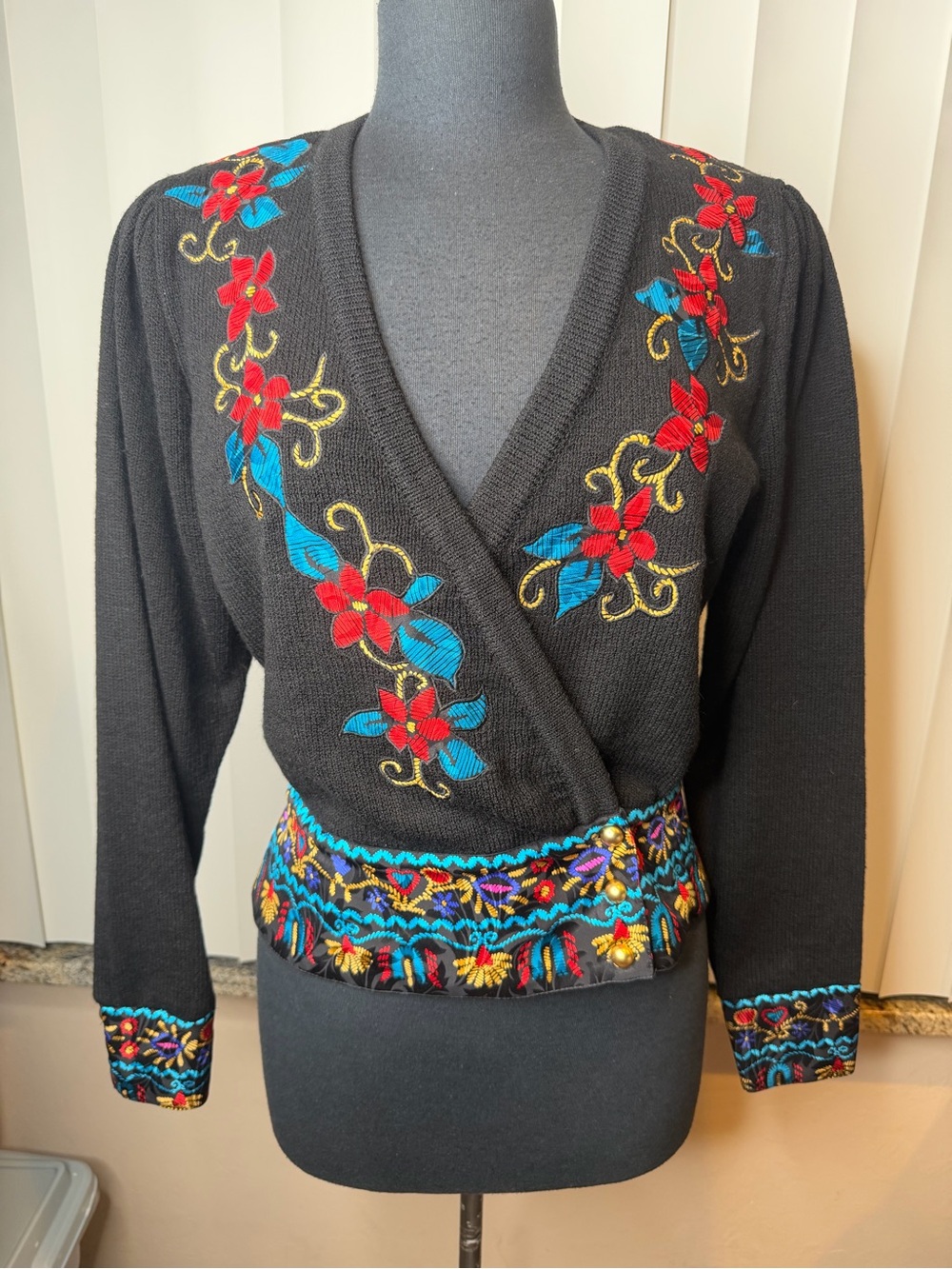Stunning Vintage Embroidered Boho Black Wrap Sweater with Floral Detail Size Med